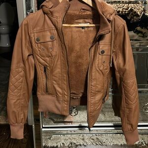 Faux Leather hooded Bomber Jacket